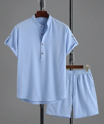 Men Linen Set , Casual Lapel V Neck Short Sleeve Shirt For Summer