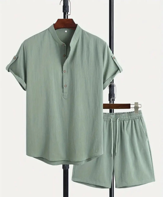 Men Linen Set , Casual Lapel V Neck Short Sleeve Shirt For Summer