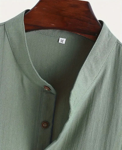 Men Linen Set , Casual Lapel V Neck Short Sleeve Shirt For Summer