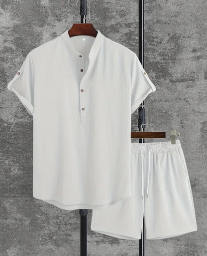 Men Linen Set , Casual Lapel V Neck Short Sleeve Shirt For Summer